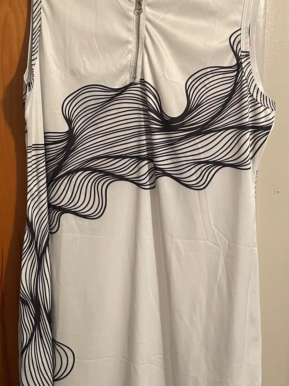 White Sleeveless Zip-Front Dress with Black Wave Print